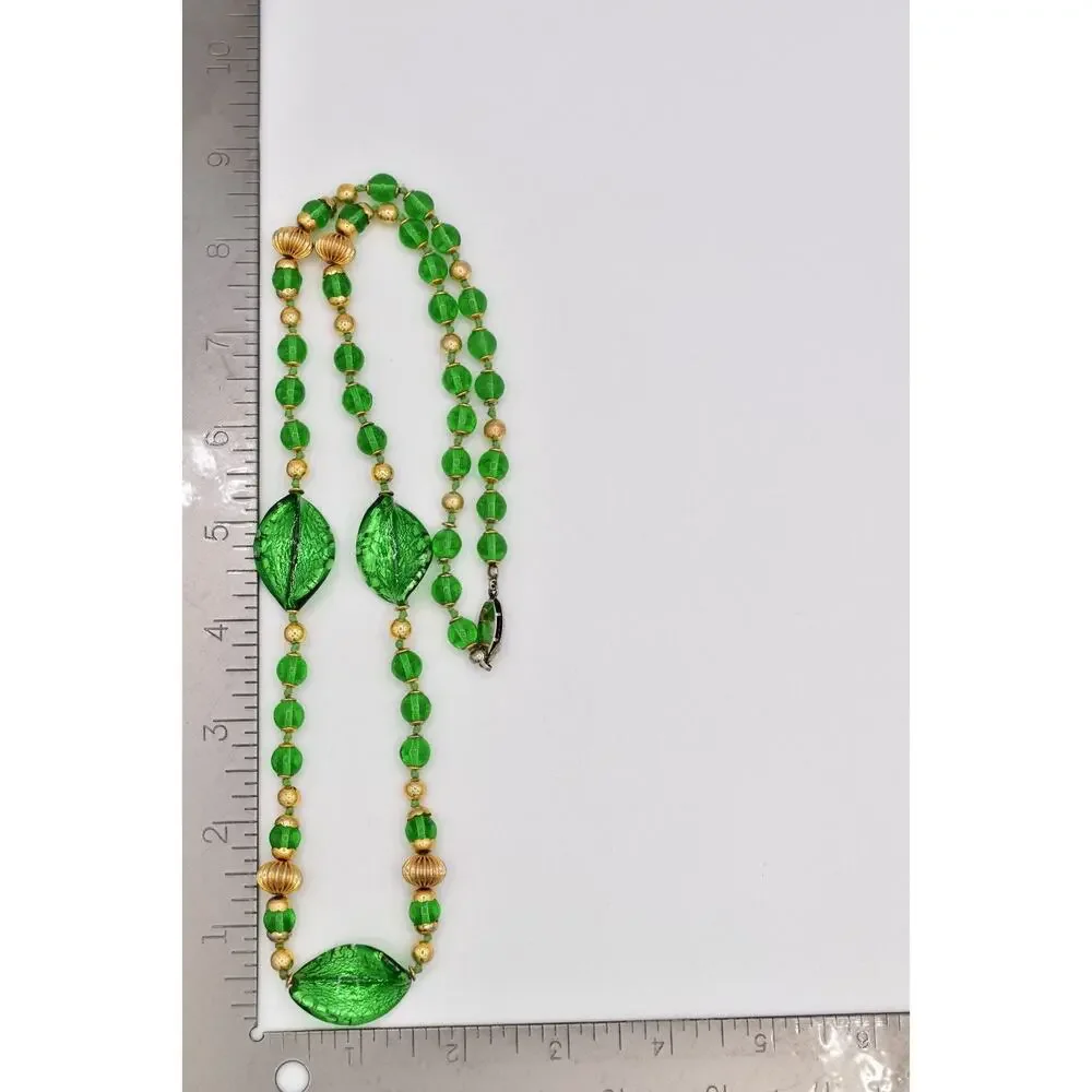 Vintage Artisan Glass Beaded Necklace Green Leaf Gold Fall Autumn 1980s BinBL